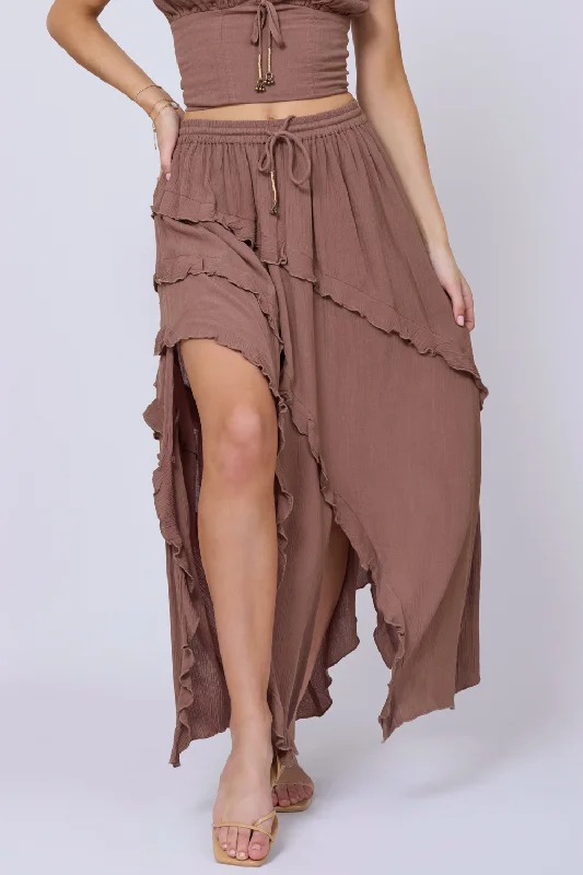 Washed Mocha Rayon Crinkle Ruffle Maxi Skirt