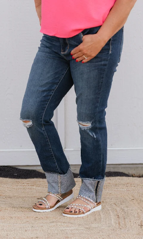 MOLLY MID RISE DARK WASHED DISTRESSED STRAIGHT DENIM