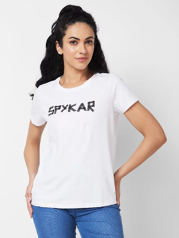 Spykar Round Neck Half Sleeves White T-shirt  For Women