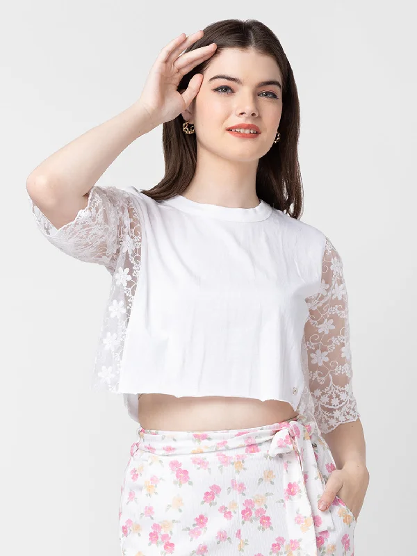 Spykar Women White Cotton Plain Crop Top