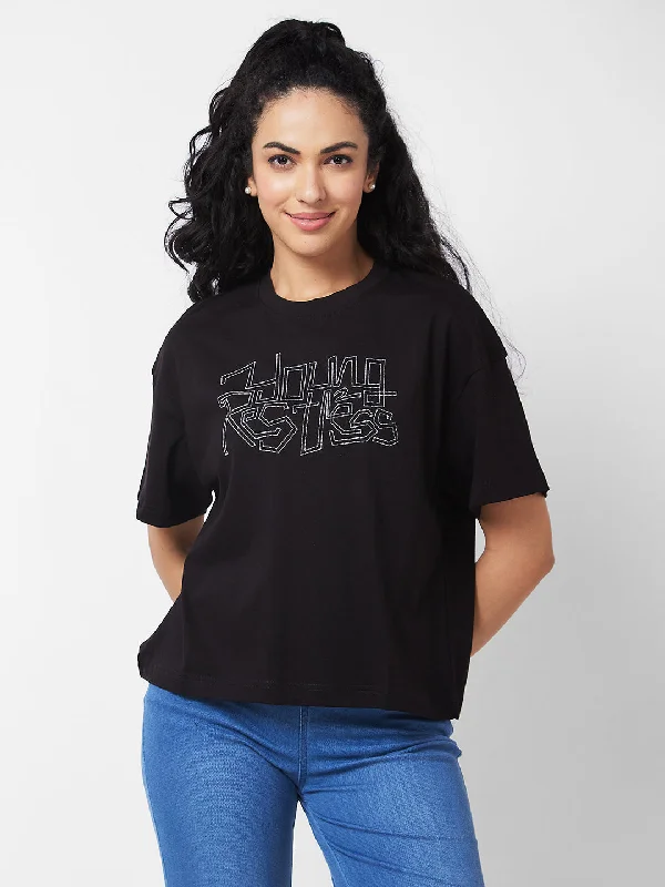 Spykar Round Neck Half Sleeves Black T-shirt  For Women