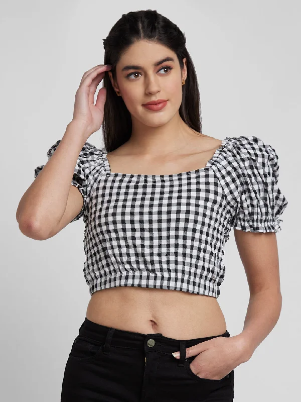 Spykar Women Black Lycra Slim Fit Checkred Crop Top