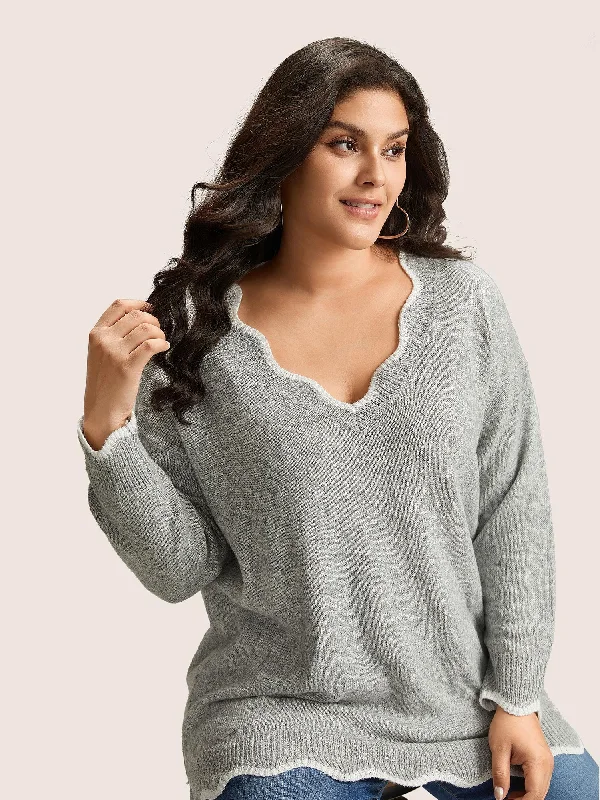 Contrast Split Side Scalloped Trim Pullover