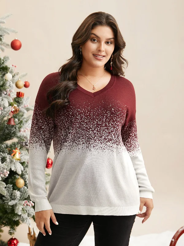 Holiday Gradient Jacquard Pattern V-neck Pullover