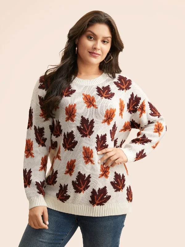 Leaves Jacquard Drop Shoulder Sleeve Pullover