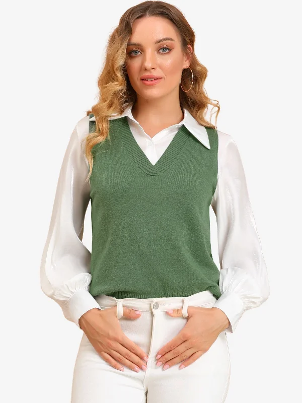 V Neck Vest Sleeveless Pullover Knit Sweater Top