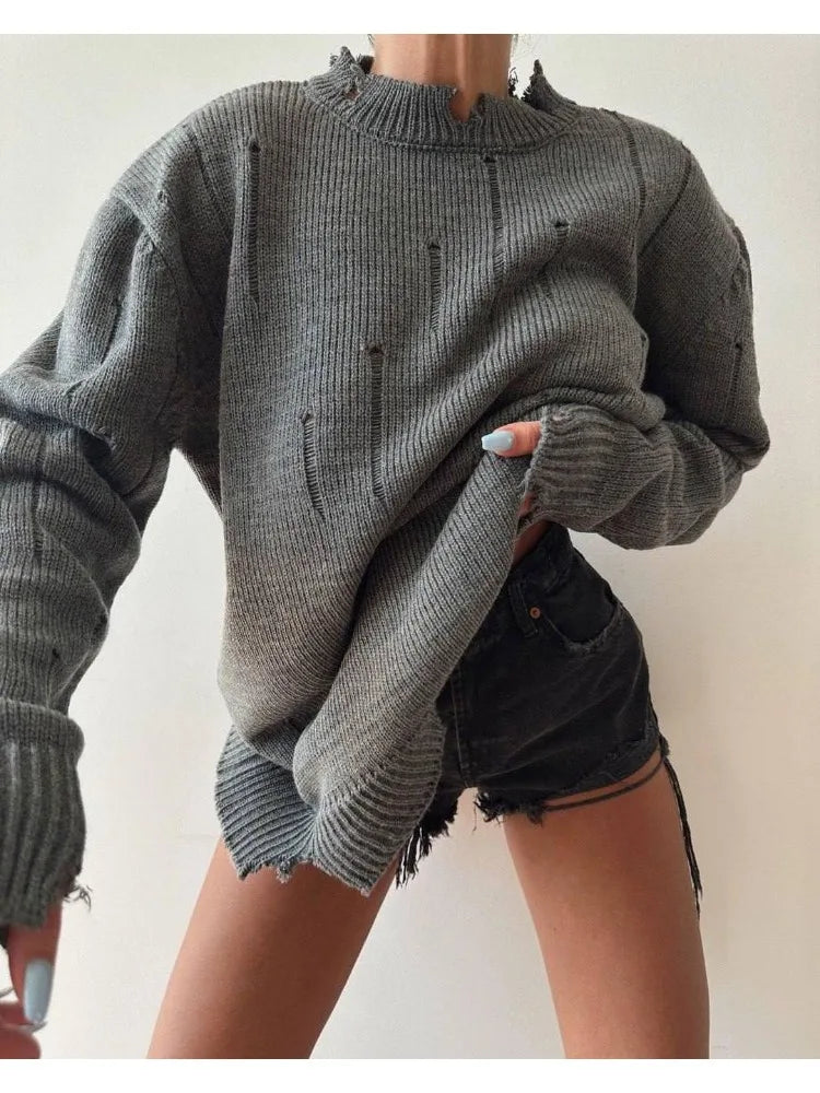 Women Knitted Hole Streetwear Long Sleeve Vintage Harajuku Y2K Pullover Coat Loose Sweater