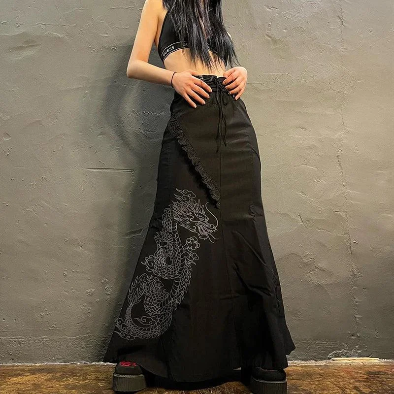 Gothic Dragon Printed Maxi Skirt