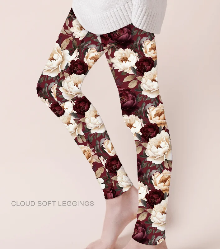 [Pre Sale] Gifts Galore Pretty Peonies - Adult & Kids Casual Cloud Soft Yoga Band Leggings (EST SHIP EARLY DEC)